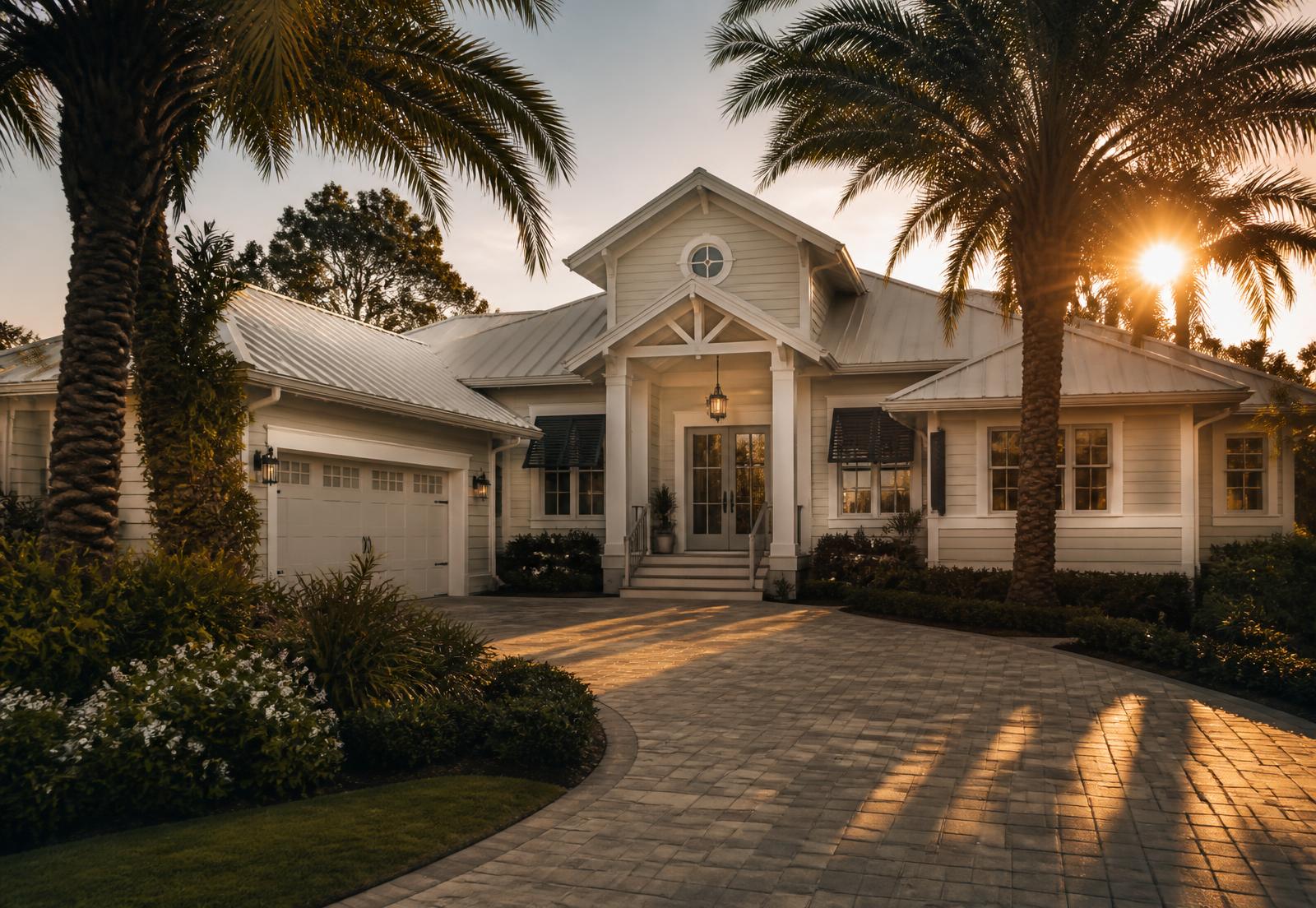 Tidy Florida home at sunset with palm trees and a clean paved driveway